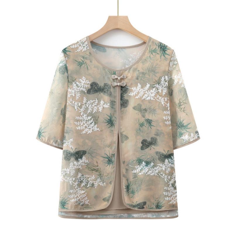 

Grandma 2024 Chinese Style Printed Two-Piece Shirt for Women - Spring/Summer Fashion for Moms XL (for up to 105 lbs)