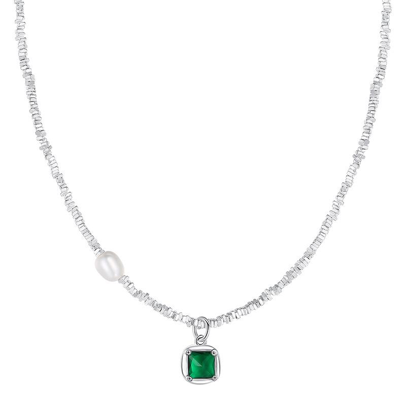 925 Sterling Silver Emerald Square Diamond Clavicle Chain Necklace - Handmade Beaded Jewelry