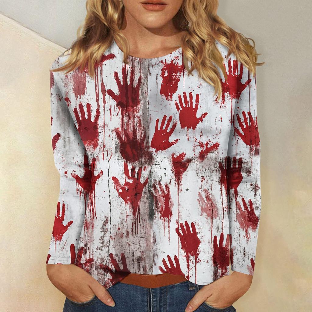 Women's Long-sleeved Loose-necked Halloween Print Casual Top, Suitable for Holiday Parties