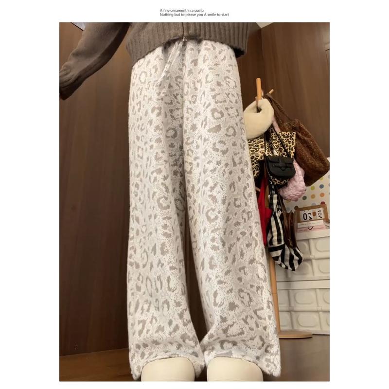 Pink Leopard Print Glutinous Rice Pants for Women Autumn and Winter 2025 New Style Lazy Slim Retro Versatile Casual Pants