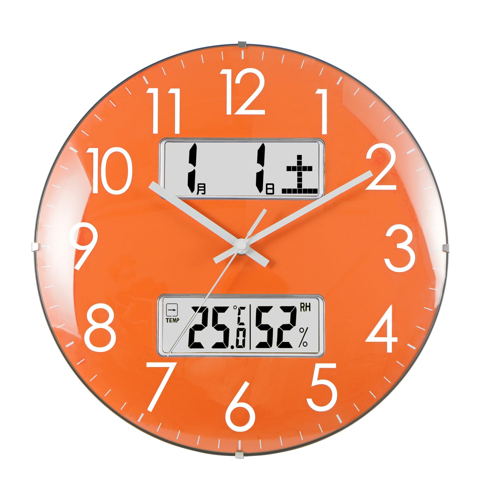 

Wall Clock Temperature/Humidity/Date/Day Display 33cm Diameter Analog Silent Continuous Second Hand Spherical Glass Orange