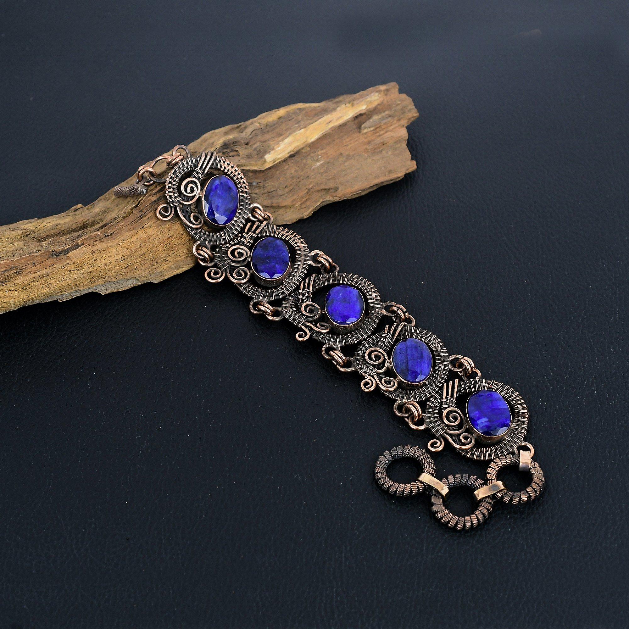 

Браслет с синим сапфиром, Браслет из натуральных камней ручной работы, Антикварное украшение, обернутое медной проволокой 999 пробы, Для подарка на помолвку