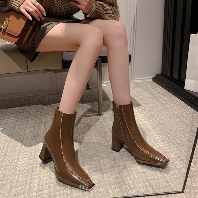 Fashion New Autumn Split Leather Knight Boots Square Toe Chunky Heel Boots for Women Winter Short Boots Concise Women Boots High Heels