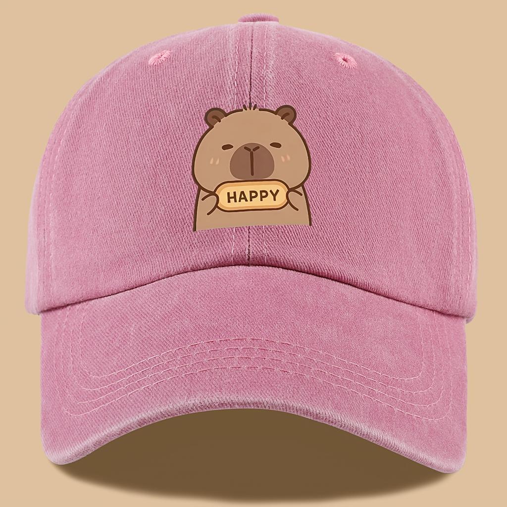 pc Capybara Happy Print Trucker Hat  Vintage Washed Adjustable Baseball Cap Breathable Unisex Outdoor Sun Hat with Cute Carto