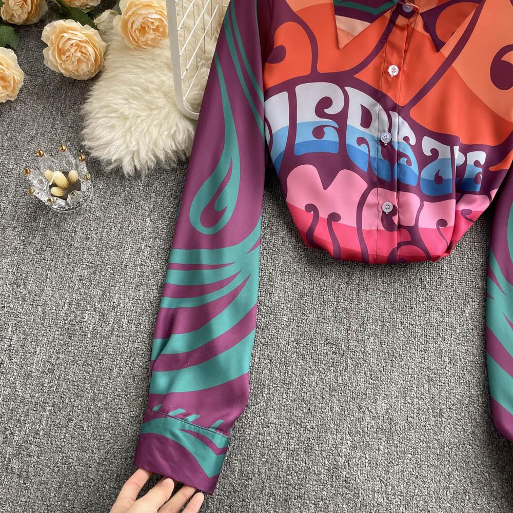 European Station Spring New Fashion Brand Letterhead Print Retro Baroque Style Leisure Vacation Shirt Women's Slim Fit