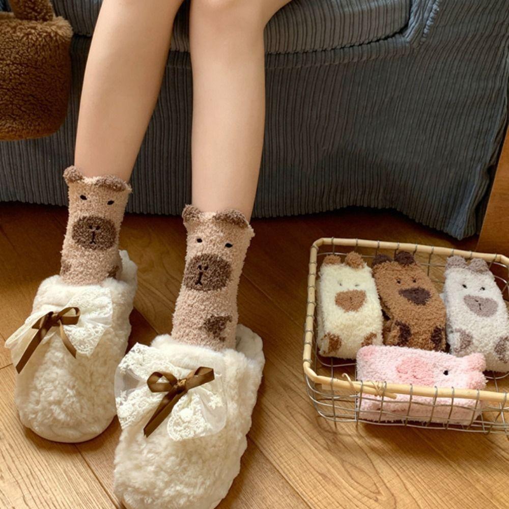5Pairs Warm Coral Fleece Socks Plush Sleeping Socks Women Sweet Capybara Fleece Socks  Women