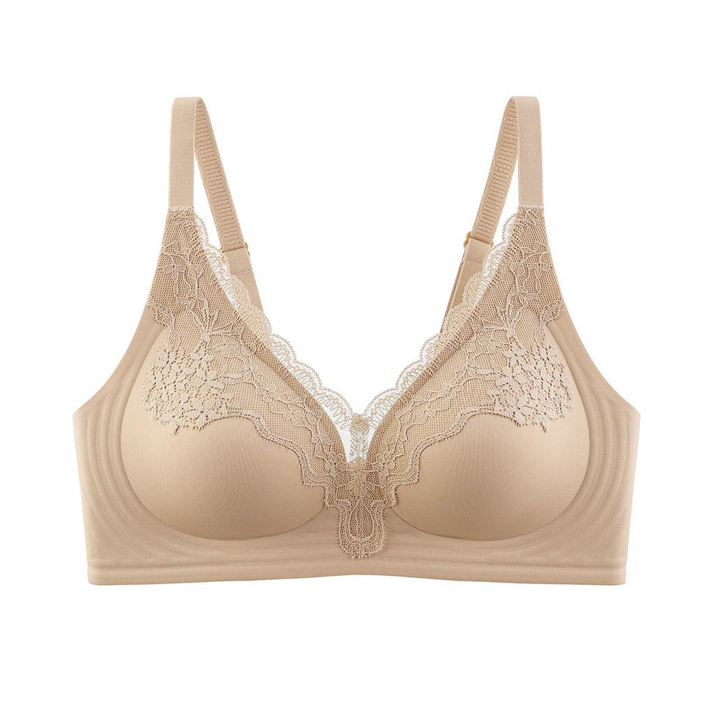 Light luxury deep V lace splicing nude jelly strip soft support close breast thin cup underwear women's seamless bra