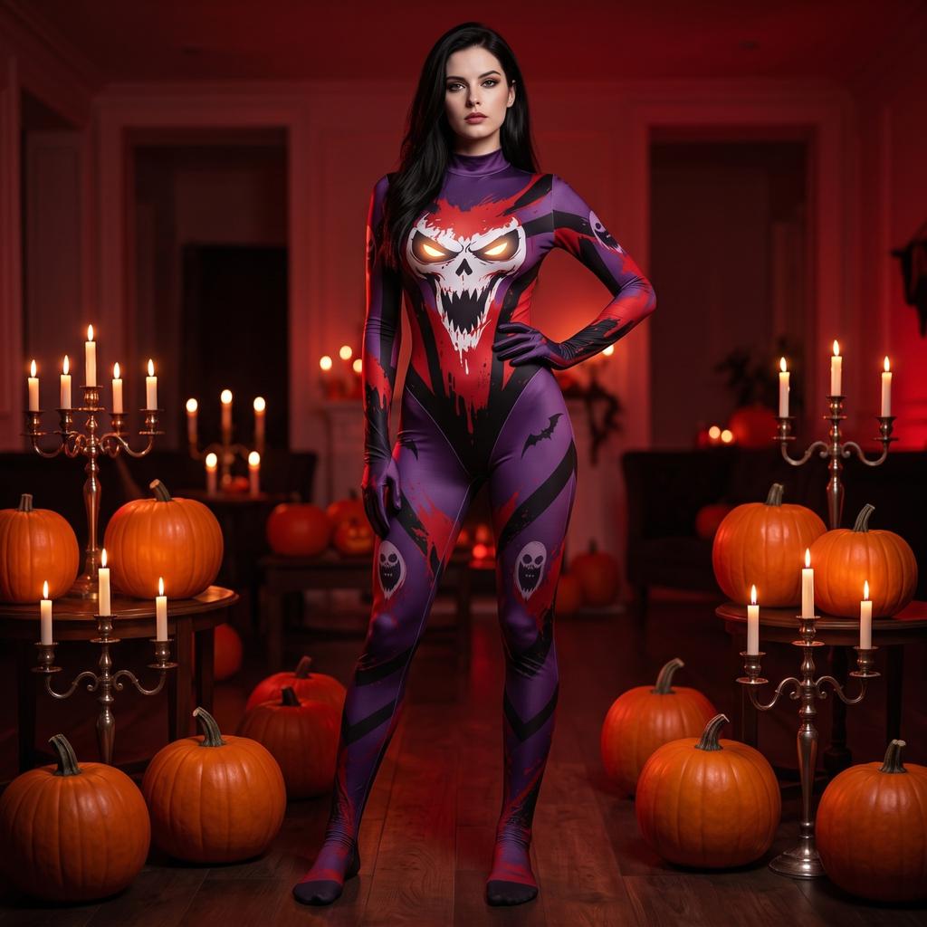 Scary Halloween Costume Bodysuit - Black Red High Stretch Milk Silk Printed Jumpsuit for Adults