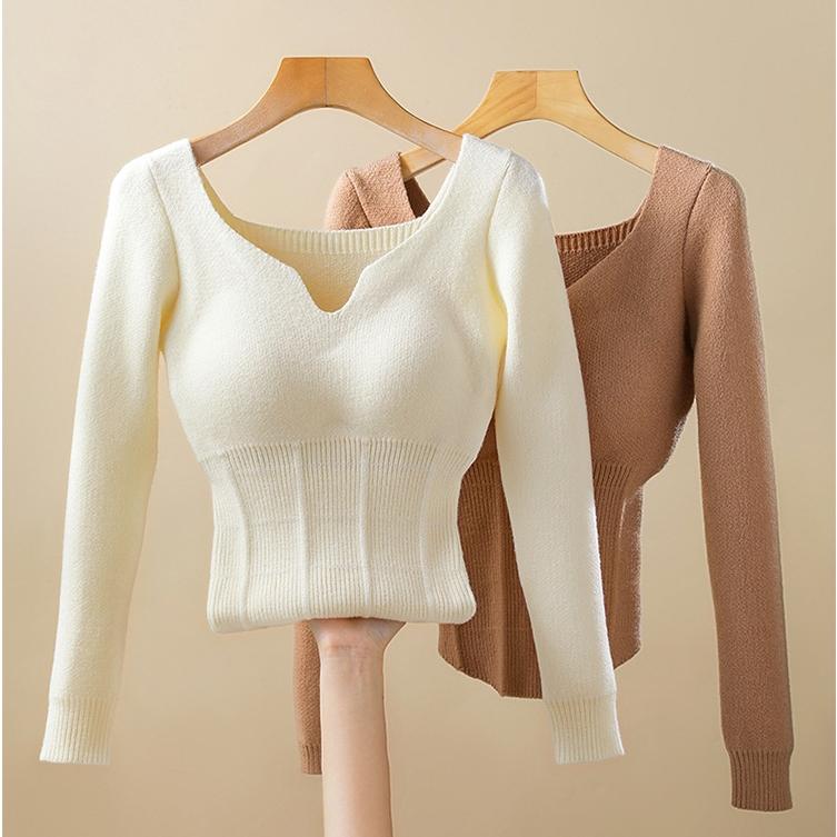 Autumn Winter Women's Knitted Sweaters Velvet Undershirt Thermal Underwear with Chest Pad
