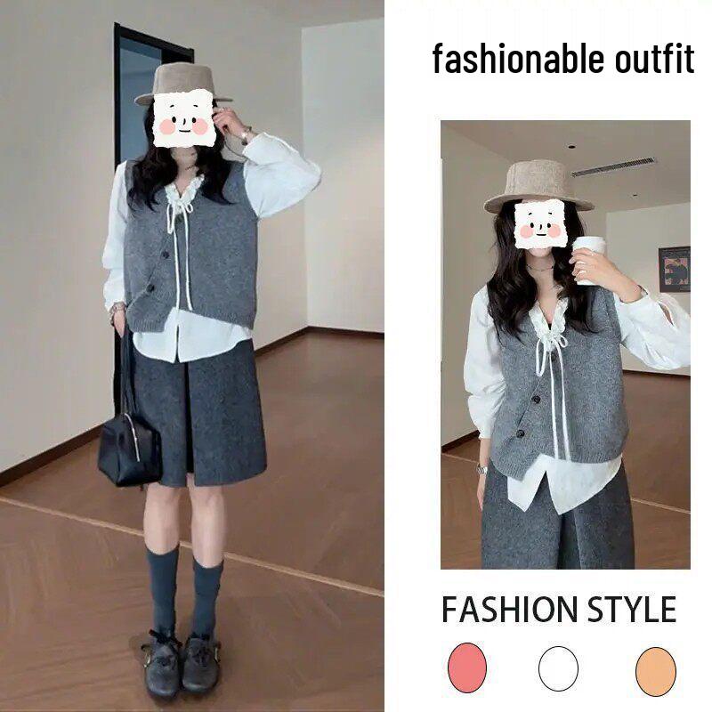 2026 Early Spring V-neck Irregular Knit Sleeveless Top with White Shirt Set M