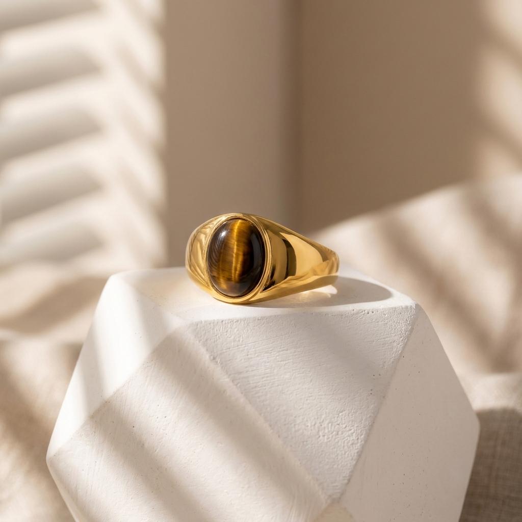 Maillard Style Tiger's Eye Signet Stone Ring for Women Adjustable Gold Plated PVD Coating Stainless Steel Party Jewelry Gift