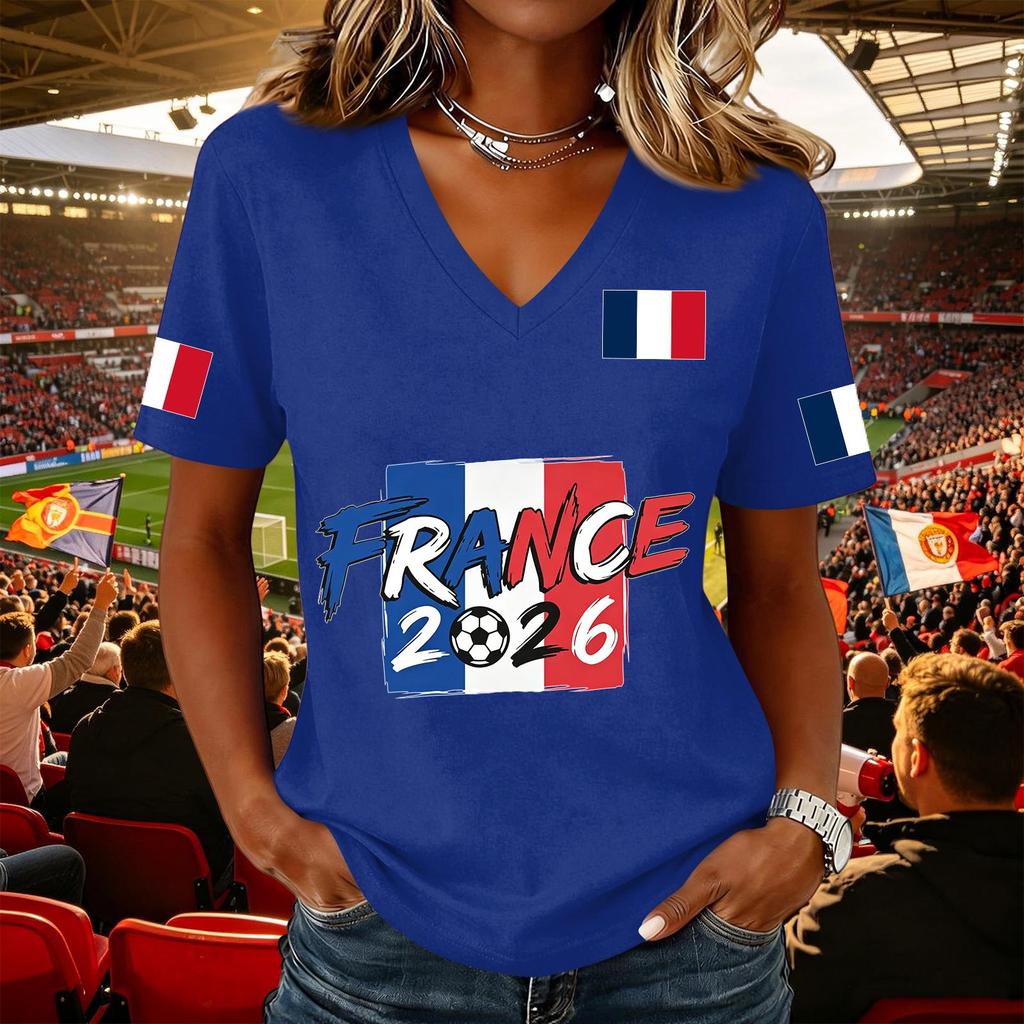 Women's Casual V Neck Pullover Top Short Sleeve Soccer Fan Shirt National Flag Print Support Tee for Outdoor Activities