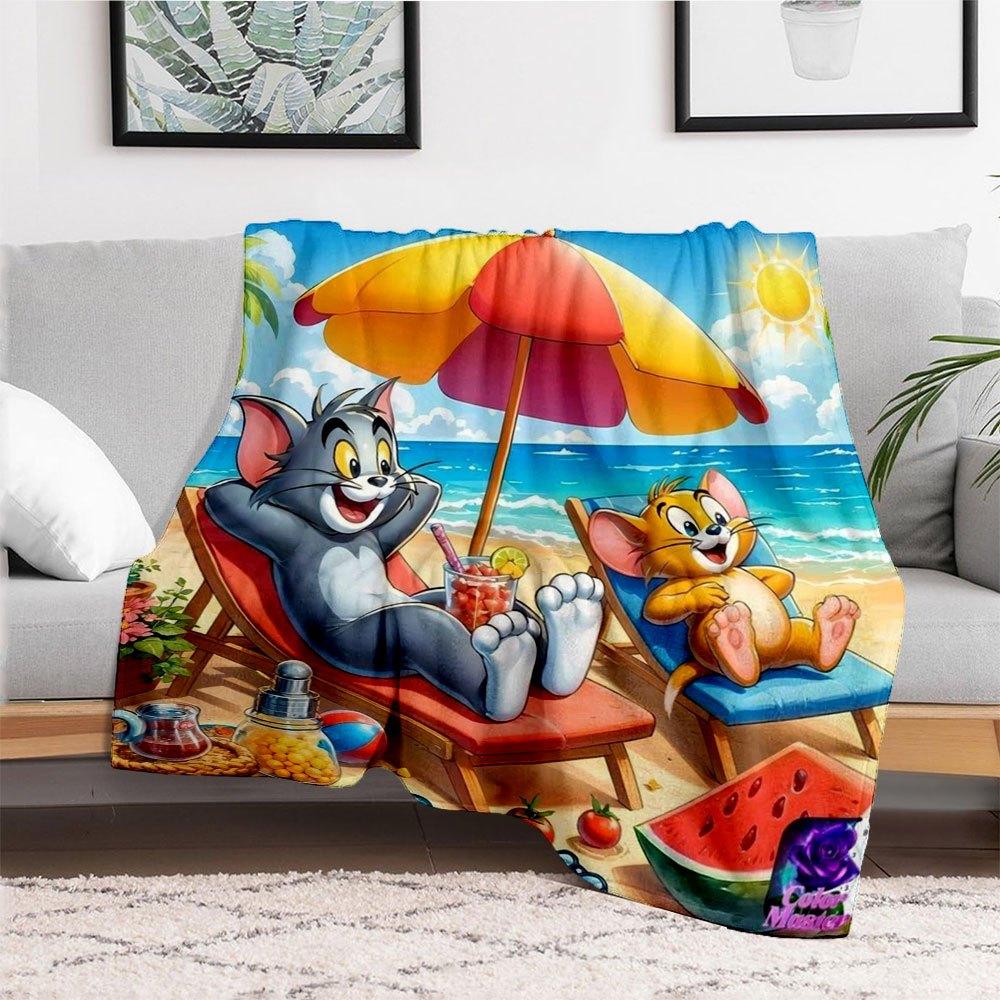 """Tom & Jerry Divertimento in Spiaggia Stampa Poster Estiva Coperta Plaid in Flanella per Divano, Letto, Viaggio, Campeggio, Ufficio"""