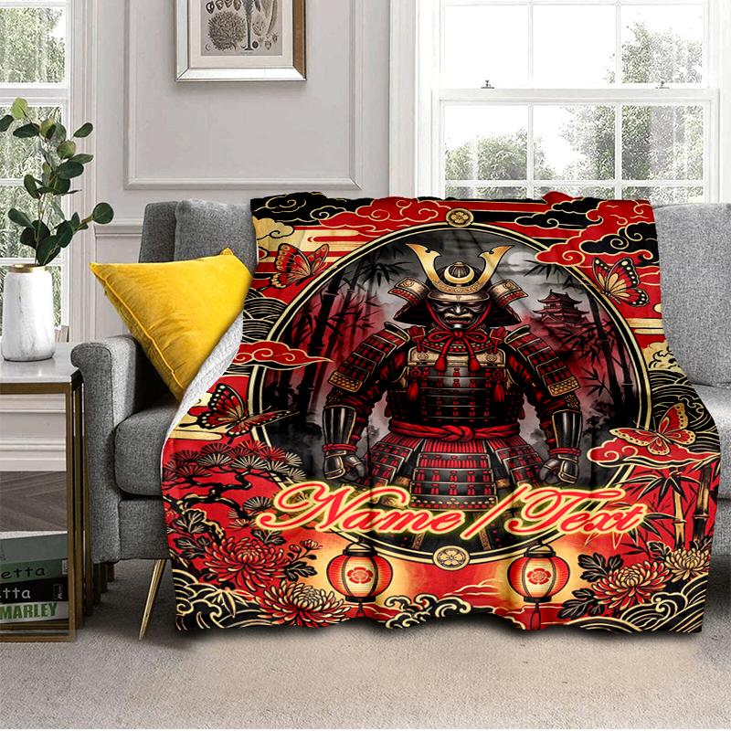 1PC Custom Name Samurai Armor flannel blanket versatile,all-season throw suitable for the living room,bedroom,camping,travel,and gift