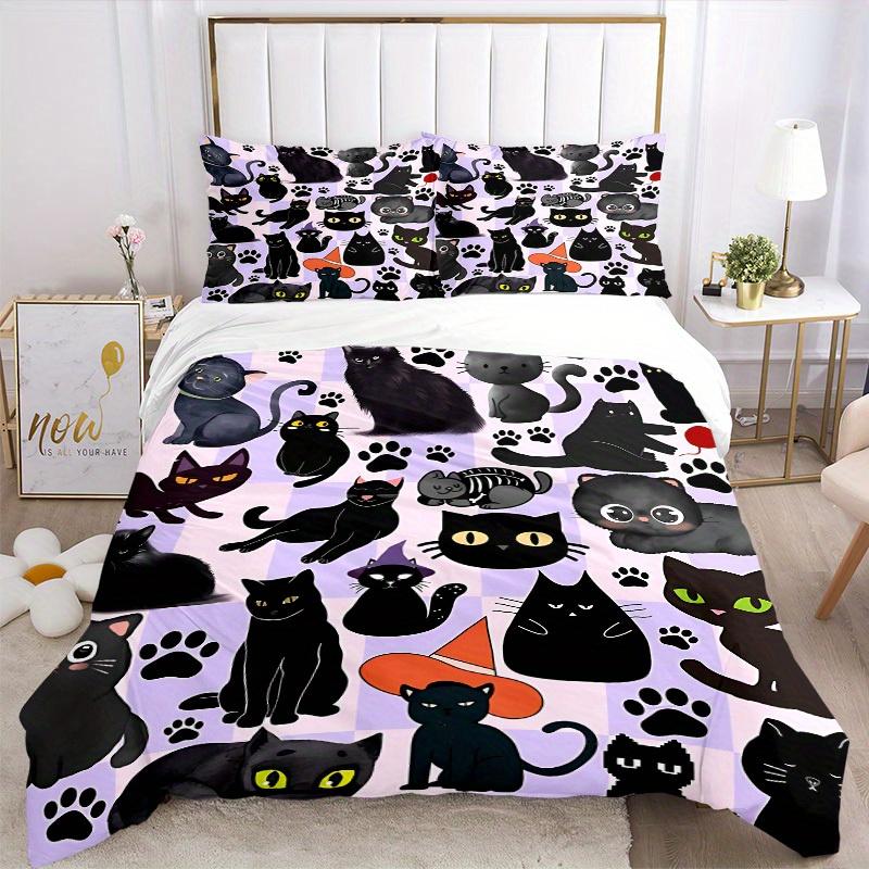 Set Copripiumino Gatti Neri 3 Pezzi, Set Copripiumino Stampa Classica alla Moda Popolare, Morbido Confortevole, Uso Stagione Singola, Per Camera da Letto, Camera degli Ospitia0819134