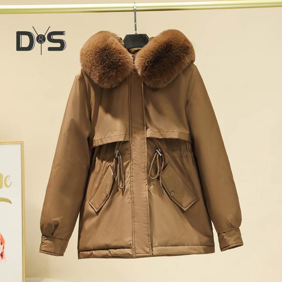 Casaco de inverno feminino com capuz peludo, mangas compridas, acolchoado, cordão, bolsos na cintura, casaco de algodão, fecho de zíper, comprimento médio, cor sólida, à prova de vento, casaco quente