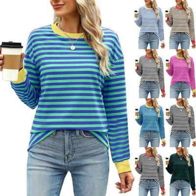 Frühlings- und Herbst Langarm Streifen bedruckte T-Shirts Damen Basic Casual Oberteile Weiblich Locker Rundhals Tees Harajuku Kleidung