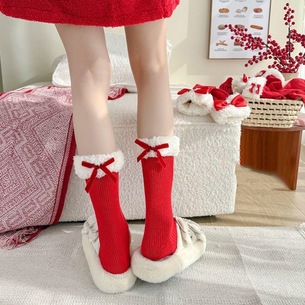 

Cotton New Year Red Socks Female Hosiery Middle Tube Socks Casual Lamb Wool Red Socks Women Style F