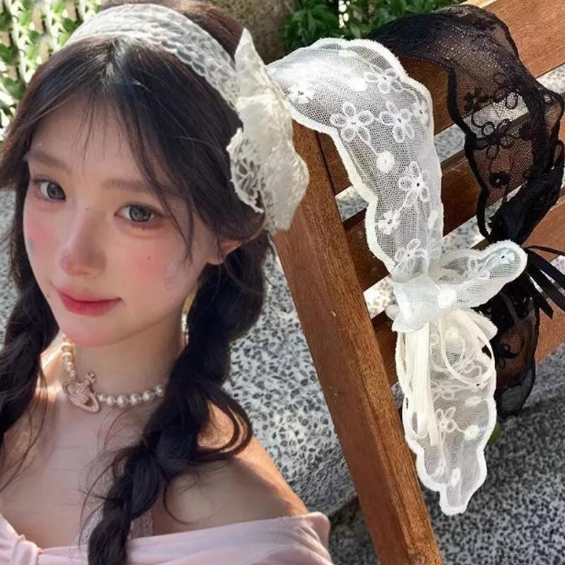 New Vintage Pastoral Lace Hair Band White Lace Bow Wrap Sweet Headband Elegant Embroidery Ribbon Headband Wedding Accessories