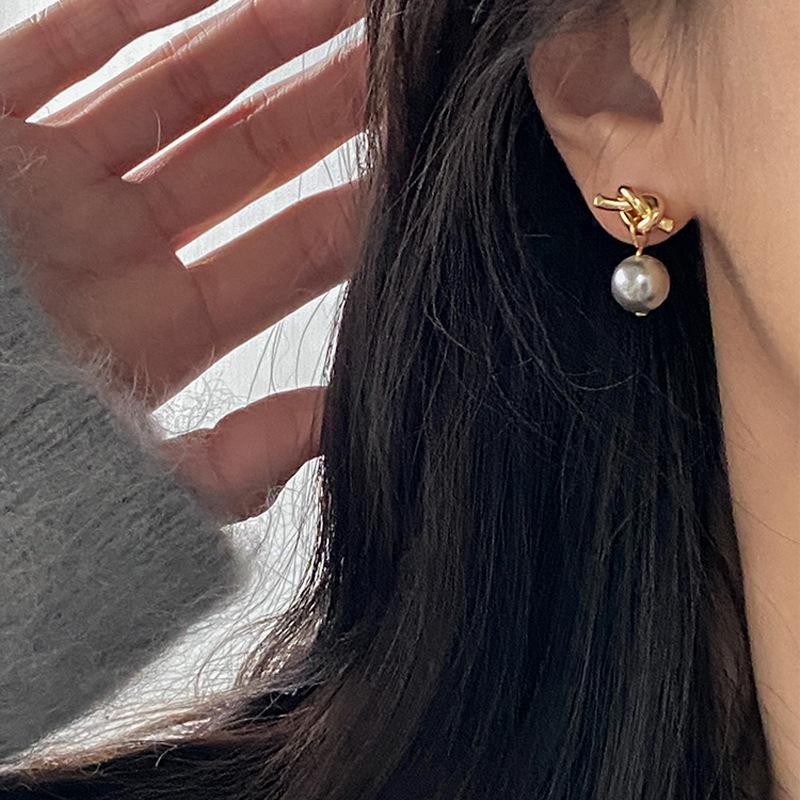 Knotted Stud Earrings, Femininity, Niche Design, Gray Imitation Pearl Rope Knot Earrings, Small Gray Bean Earrings.