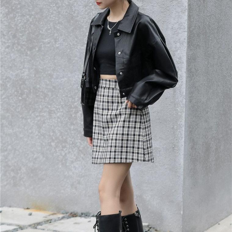 Módní volná dámská krátká bunda z umělé kůže - vintage kabát v korejském stylu