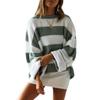 Crew Neck Long Sleeve Striped Knitted Sweater European and American Women's Clothing Horn Sleeve Loose Sweater Women