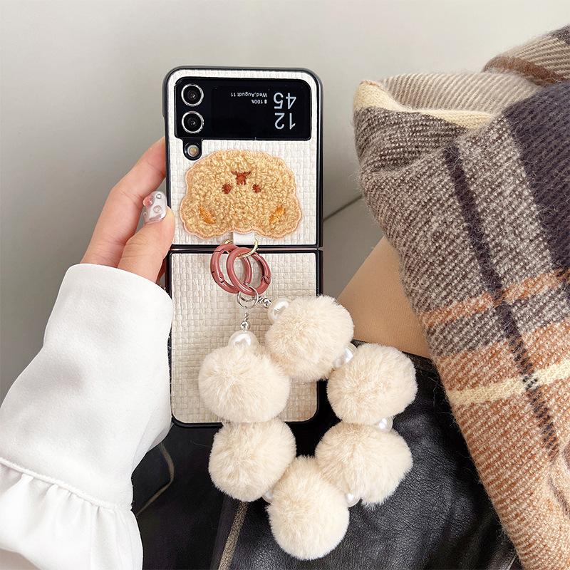 For Samsung Zflip5 Mobile Phone Case for Huawei P50pocket Flip Folding Screen Plush Bear Portable Wristband