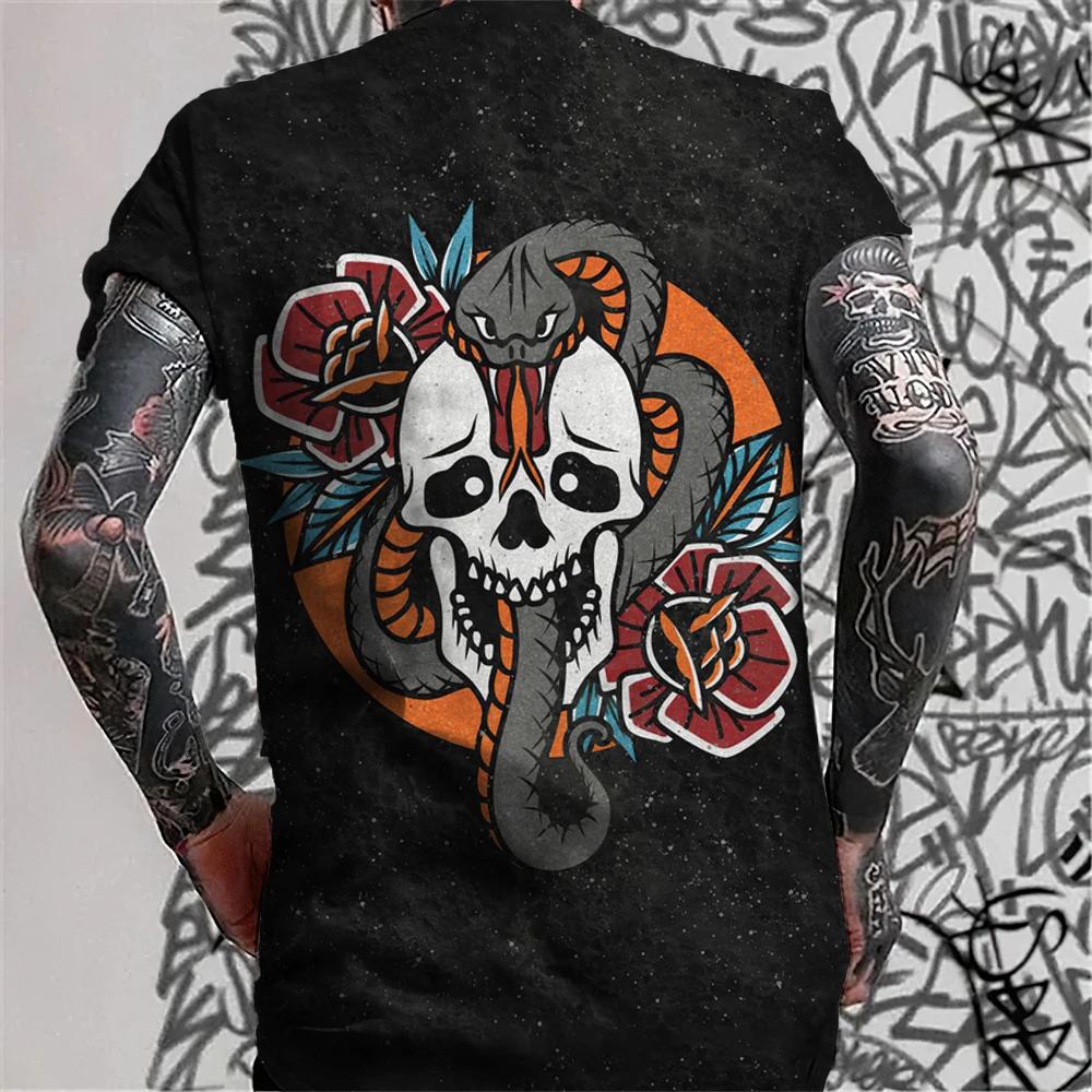 Men's Retro Tattoo Style T-shirt Trend 3D Printing Street Short Sleeved Hip-hop Punk Style Men's T-shirt Oversized Mens Clothing