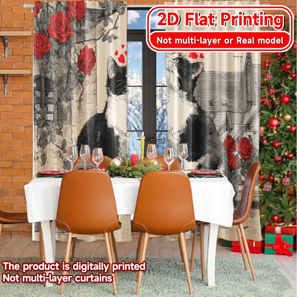 Set Of 2 Flat Printing Kitty Romance Popular Window Curtain Versatile Polyester Curtains Decorations Home Ldeal
