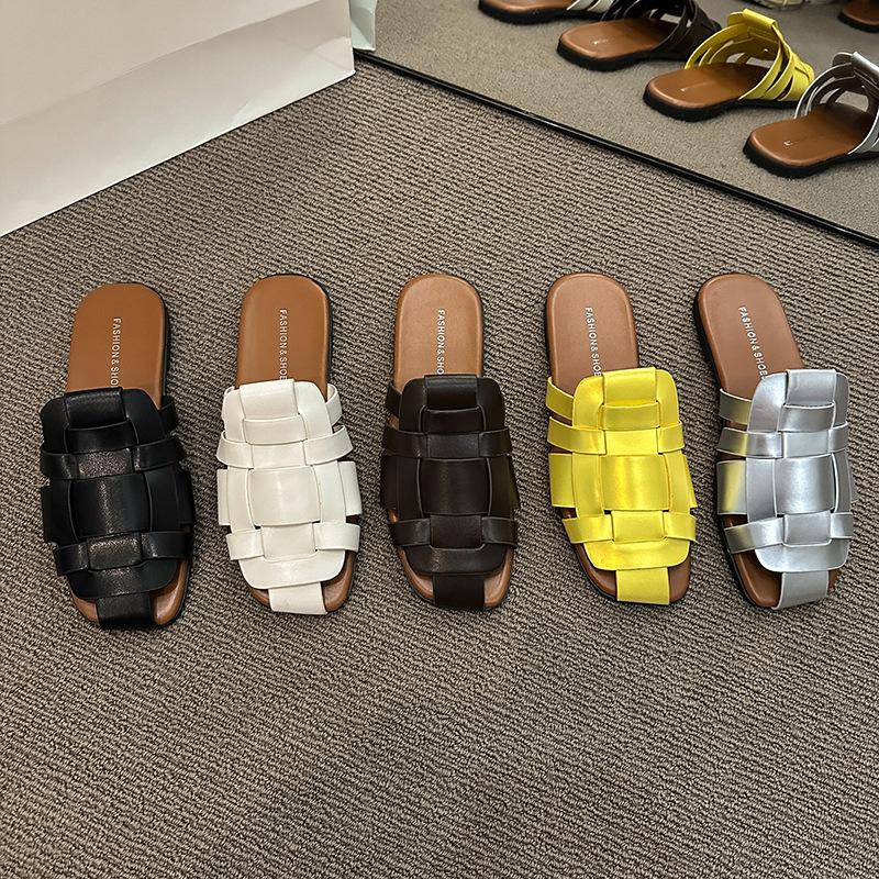 Ushilai Genuine Women's Shoes 2025 Summer New Outer Wear Casual Slippers Bag Head Flat Bottom Non-slip Woven Cool Slippers