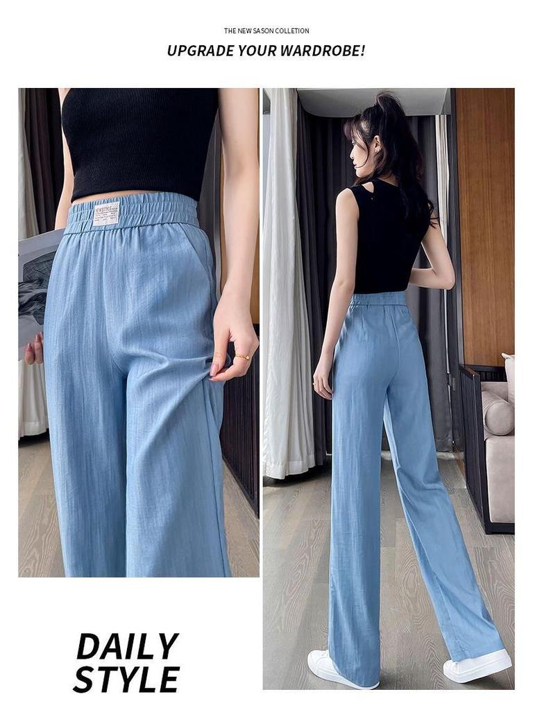 Dámské džínové kalhoty s vysokým pasem a širokými nohavicemi z Tencelu - Léto 2024 Chladivé splývavé kalhoty z ledového hedvábí