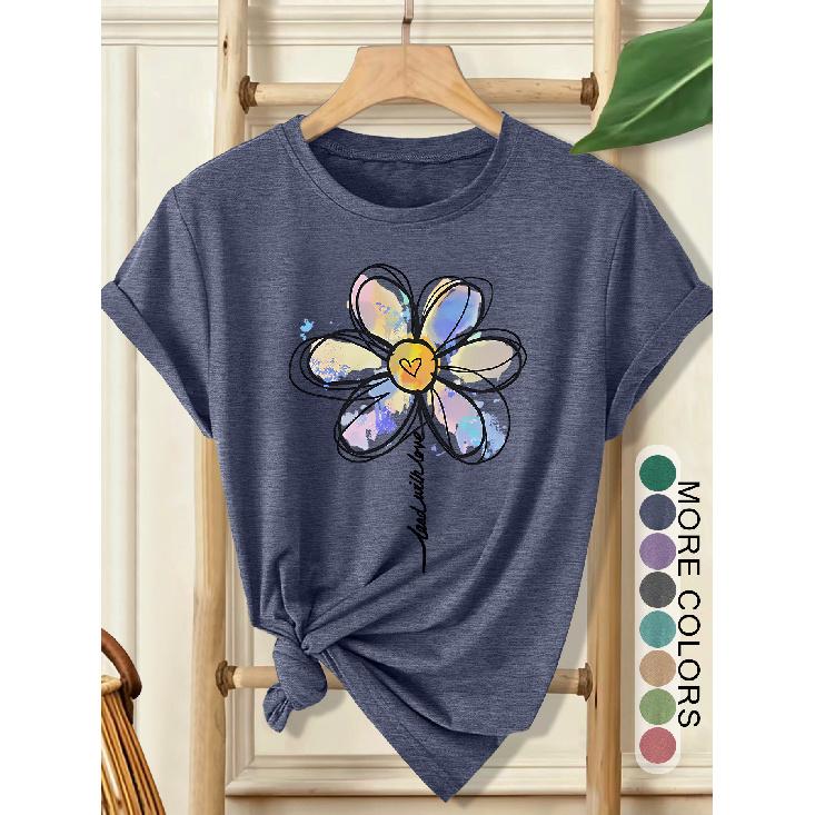 Women's Elegant Style Plus Size Loose Short Sleeve Watercolor Daisy Hand-Painted Print Pattern Round Neck Women's Comfortable Soft Breathable New