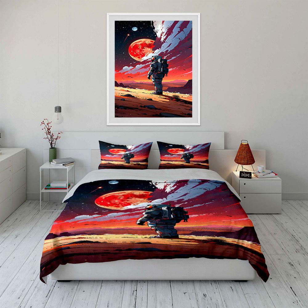 Astronaut mit rotem Planeten. Bettwäsche-Sets Bettbezug-Sets Bettbezüge Kissenbezüge(1*Bettbezug 2*Kissenbezüge ohne Bettdecke)