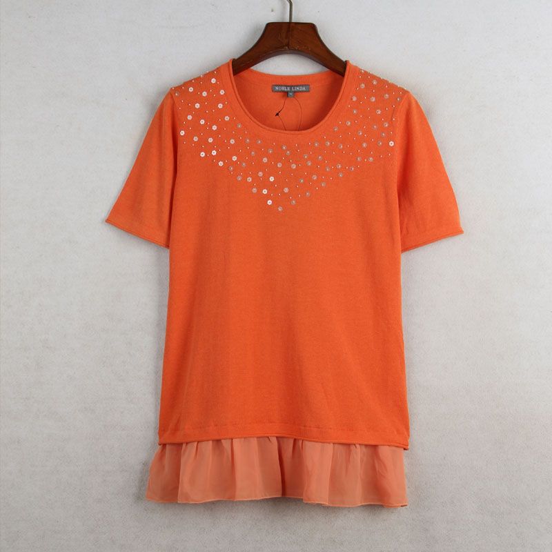 House Summer New Arrival Export European and American Women's Clothing Heavy Industry Beads Cotton + Silk Round Neck Short Sleeve Knitwear Thin Top