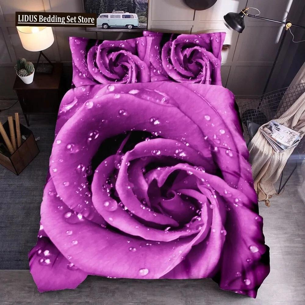 

Rose Polyester Duvet Cover Set King Queen Full Size Big Rose Red Blue Pink Purple Flower Dew Pattern Chic For Kids Girl Couple 70x133cm 3pcs
