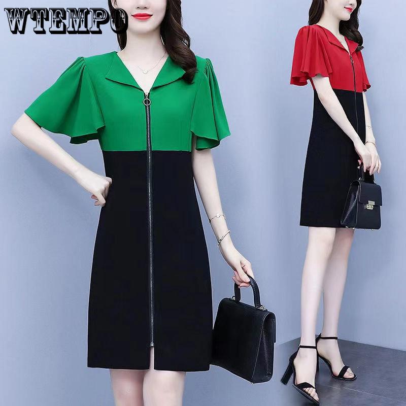 Dámský temperament Klopa Zip Kolizní barevné prošívání Šaty Léto Elegantní manžety Volánková ozdoba A-linie Dojížděcí šaty