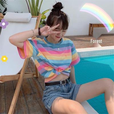 Tricou de damă 2024 vară stil coreean cu dungi curcubeu, lejer, cu mânecă scurtă