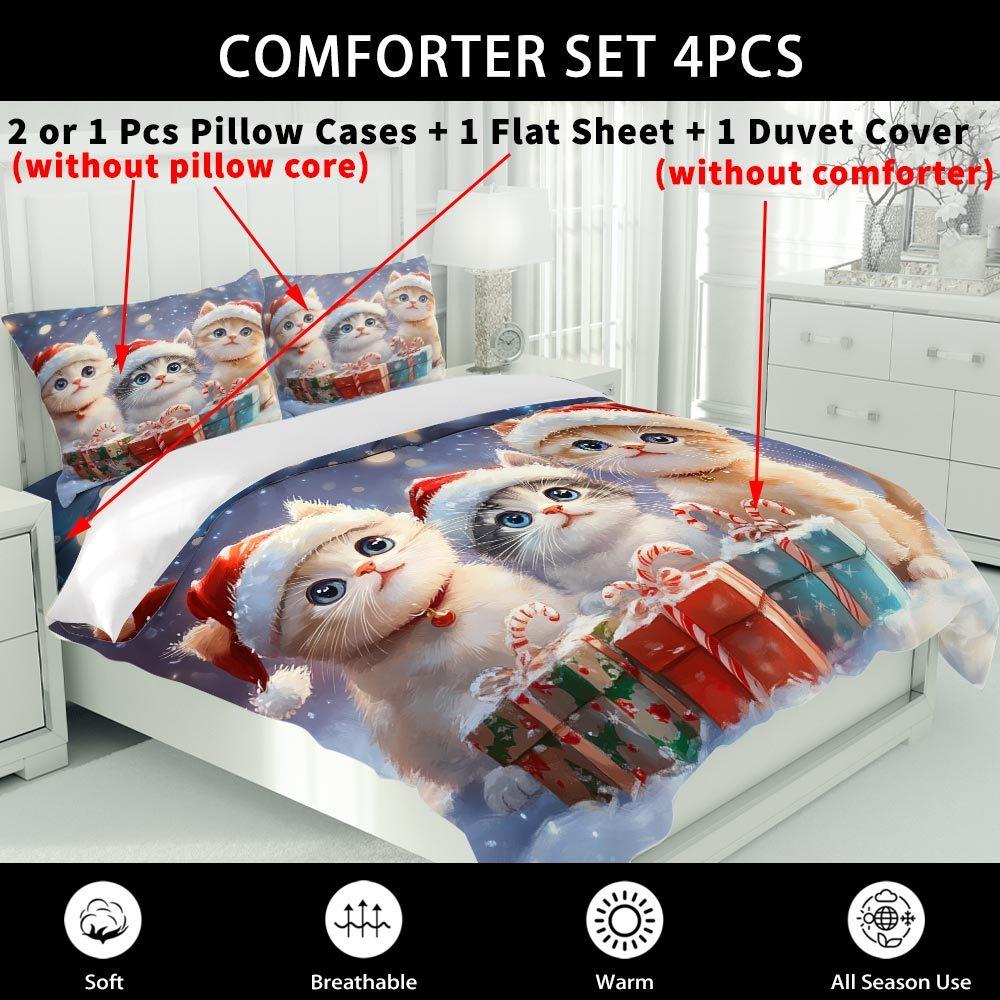 Lifesmells 3pcs Kitten Santa Duvet Cover Set Cute Bed Cover Set Fluffy Bedding Set 1 Quilt Cover + 1/2 Pillowcases+1 Flat Sheet