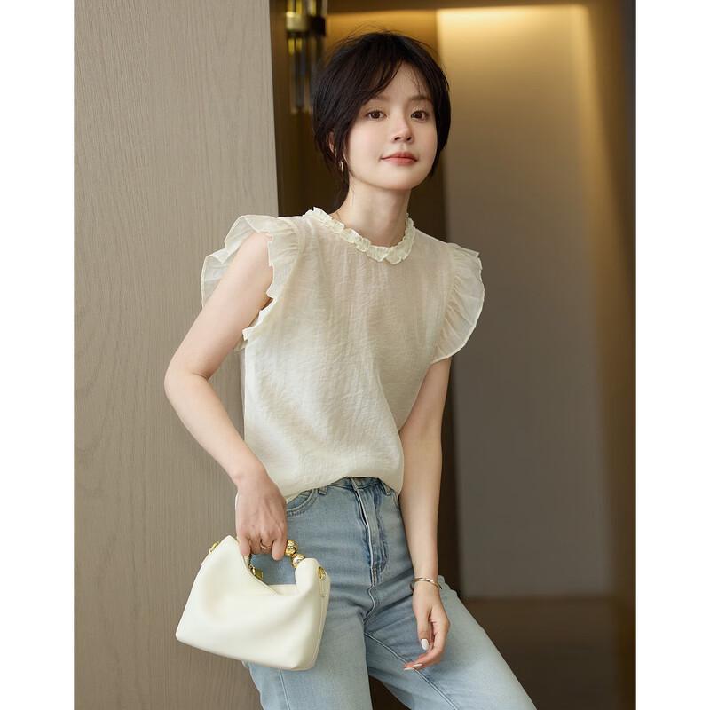 Demana Women s Lightweight Tencel Acetate Ruffle Trim Sleeveless Blouse M