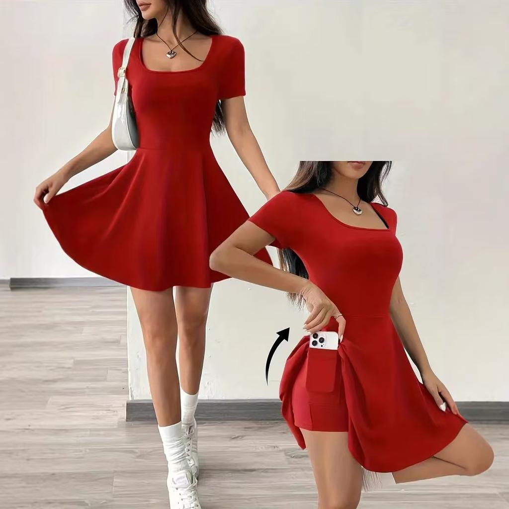 Women‘s Romper Dress with Built-in Shorts - Anti-Slip Belted Waist Short Sleeve Summer Dresses