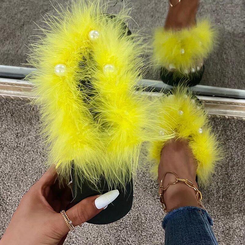 Fashion Summer Fluffy Fur Platform Flip Flops for Women Fashion Pearl Decor Wedges Sandals Woman Thick Sole Non Slip Outdoor Slippers
