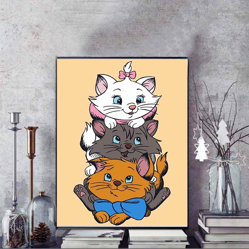 Disney Diamond Painting 5D The Adventures of the Cats Three Kittens Stacking Illustration DIY Gift Suitable for Living Room Bedroomofficeandhomedécor