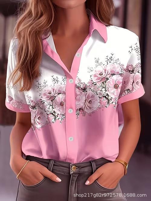 European and American summer hot-selling shirts, short-sleeved women's clothing, printed fashion lapel shirts, tops, casual women's clothing