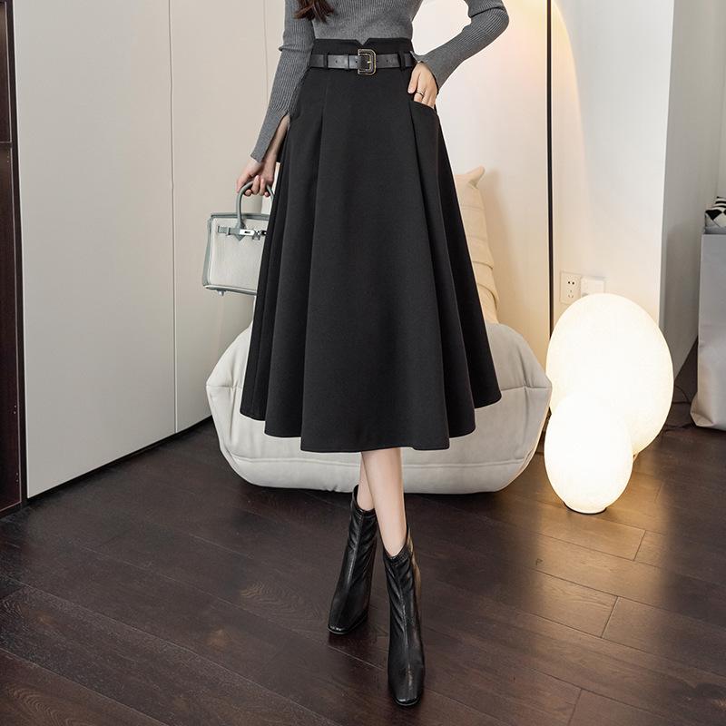 

Кофейная элегантная модная зимняя теплая шерстяная юбка женская с высокой талией повседневная большая качели средней длины XS чёрный