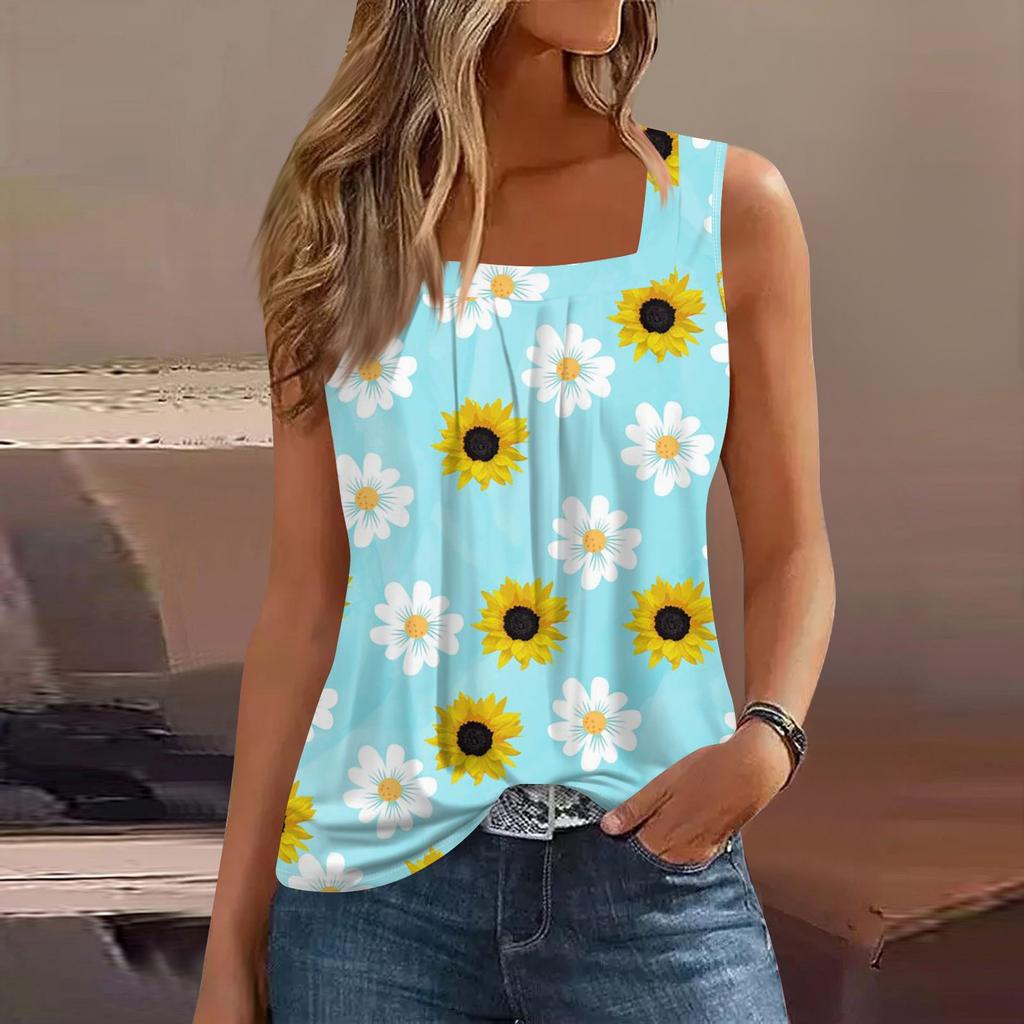 T-shirt imprimé sans manches à col carré plissé décontracté d'été pour femmes