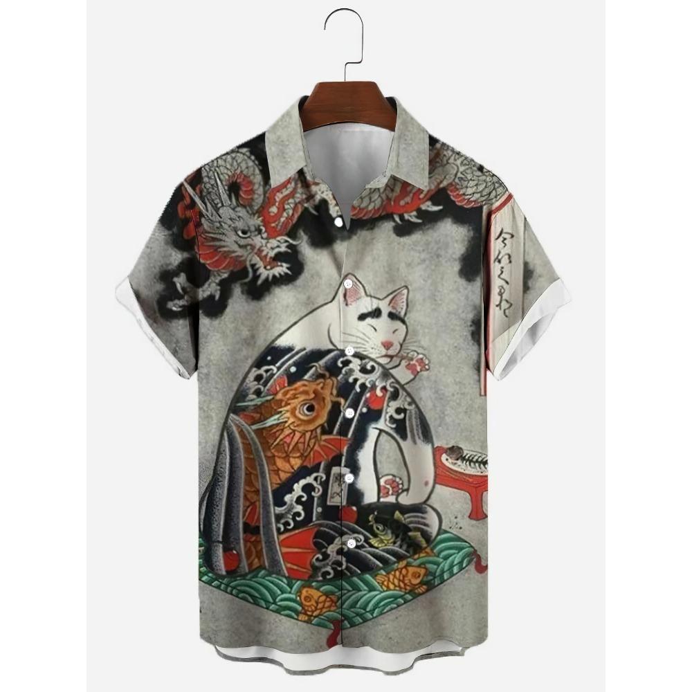 Cute Cat Pattern Print Men Short Sleeve Shirt Summer Men Fashion Loose Shirt Tops