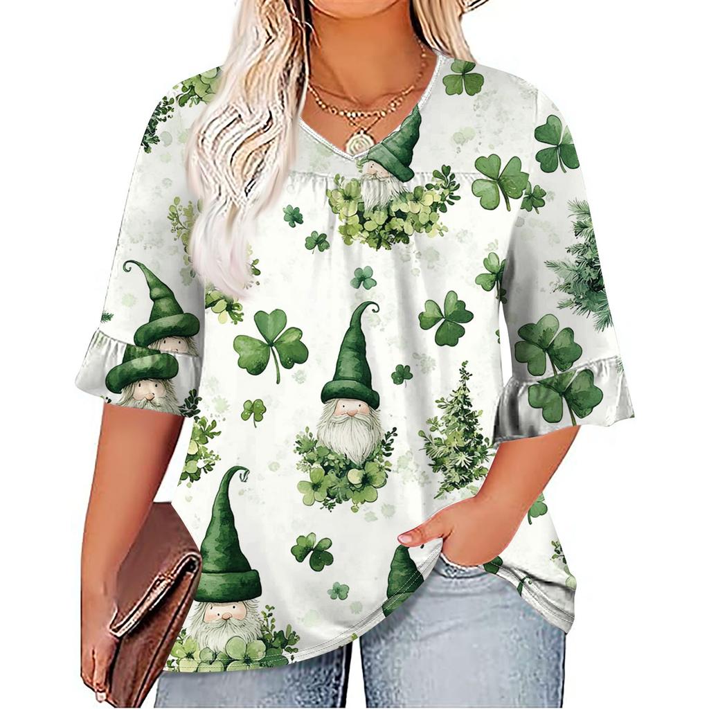 Women's Fashion Casual  Printed V-Neck Pleated Seven Minute Sleeve Ruffle Sleeve T-Shirt Plus Size Tops