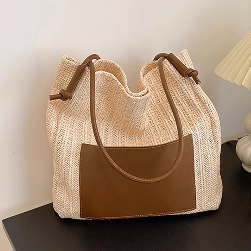 

Женская дизайнерская повседневная пляжная сумка ручной работы через плечо, соломенная ажурная вязаная сумка-тоут, большая вместительная сумка 32x10x32cm