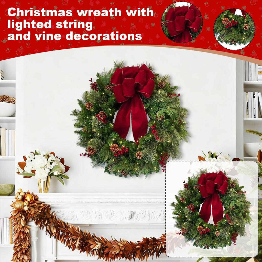 Pre-Lit Artificial Christmas Wreath,  Artificial Christmas Garland For Front Door With Red Bow, Cones, Red Berries,  LED Lights For Christmas Deco