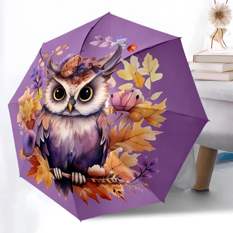 1pc Owl Autumn Automatic Open/close Umbrella, 8-Rib sturdy structure, Portable Travel Umbrella, Parties, Everyday Useb045